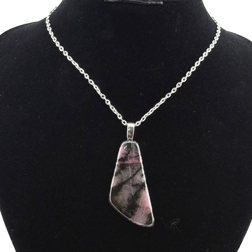 Rhodonite Pendant Necklace Pink Black Natural Stone Trapezoid Silver Tone Chain